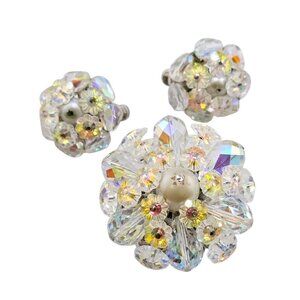 Vintage Signed Vendome AB Crystal Brooch & Clip Earring Set (A7411)